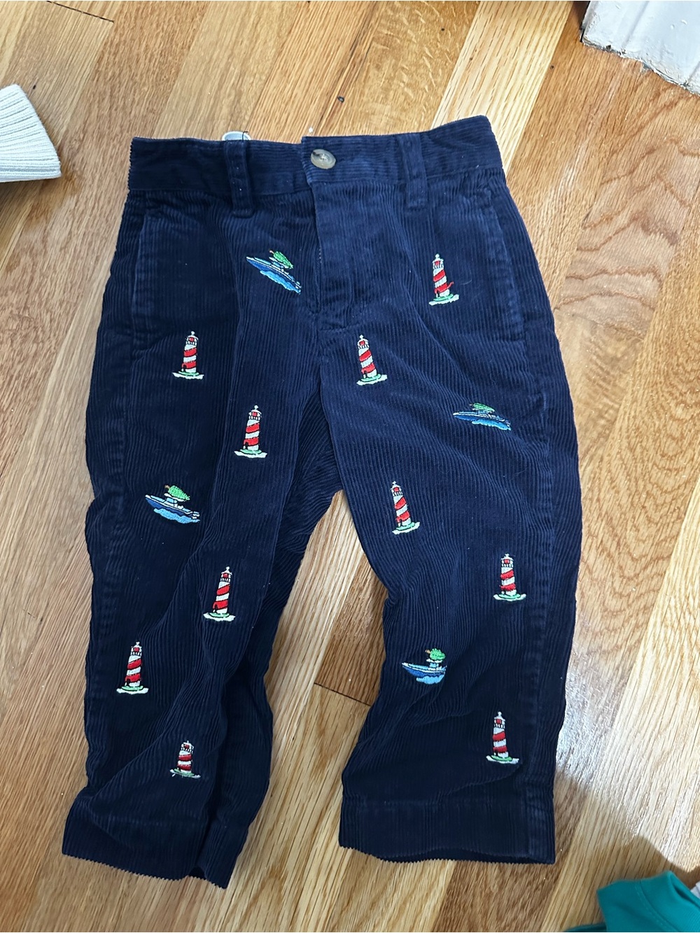 Kids Navy Corduroy Pants with Lighthouse Embroidery
